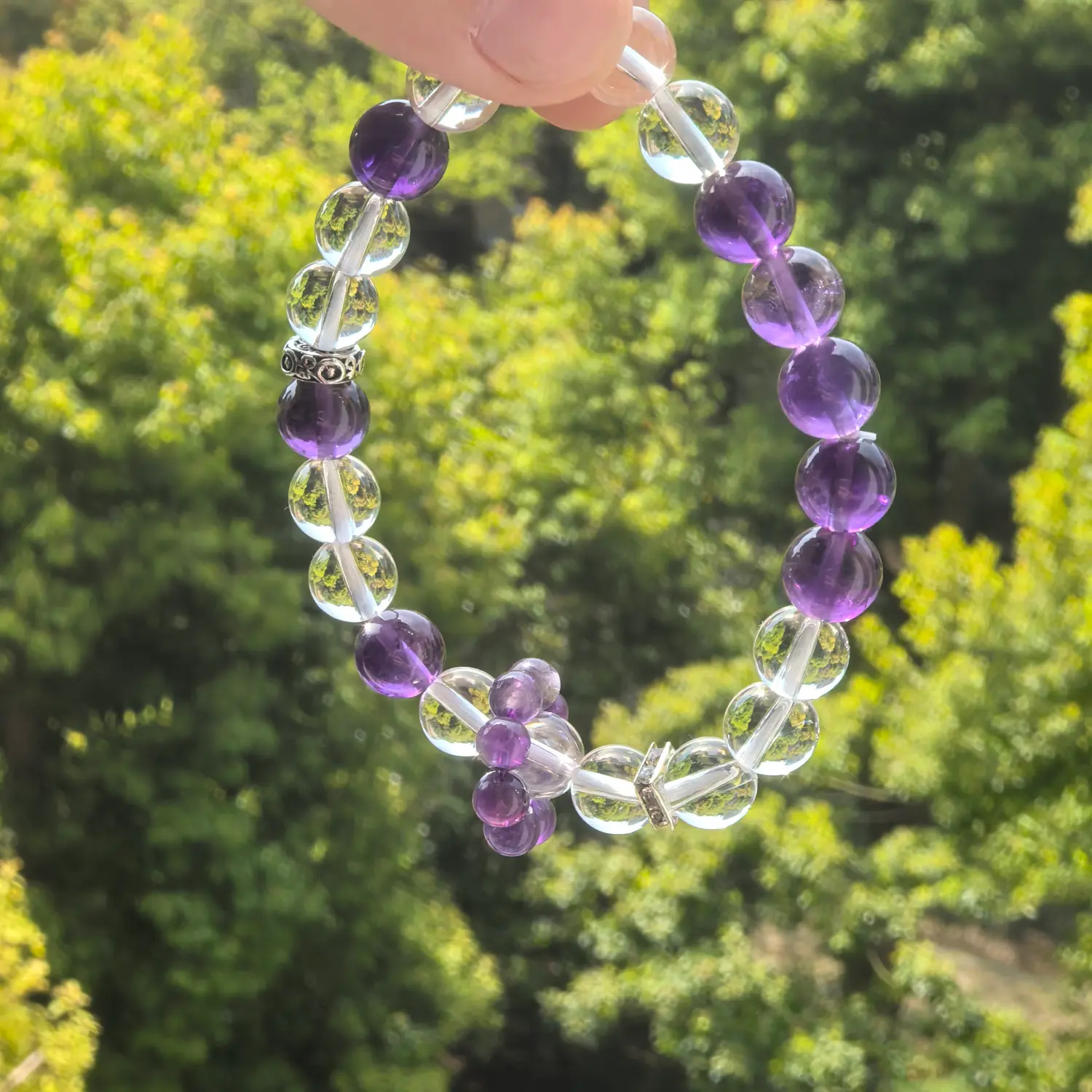 Amethyst Clear Quartz Bracelet styled flat lay with calm ritual details | QZZEN