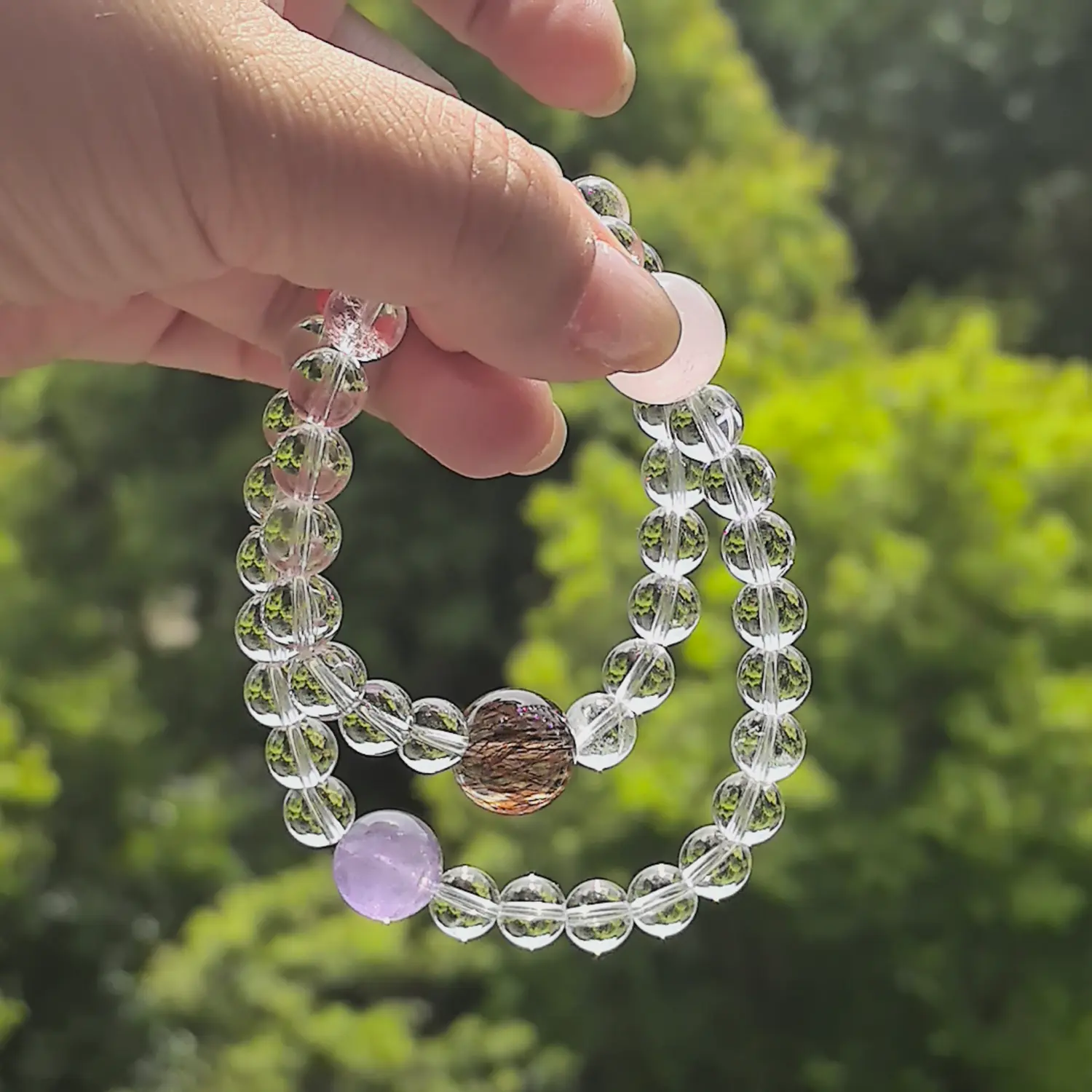 Amethyst Rose Quartz Clear Quartz Bracelet styled flat lay with calm ritual details | QZZEN