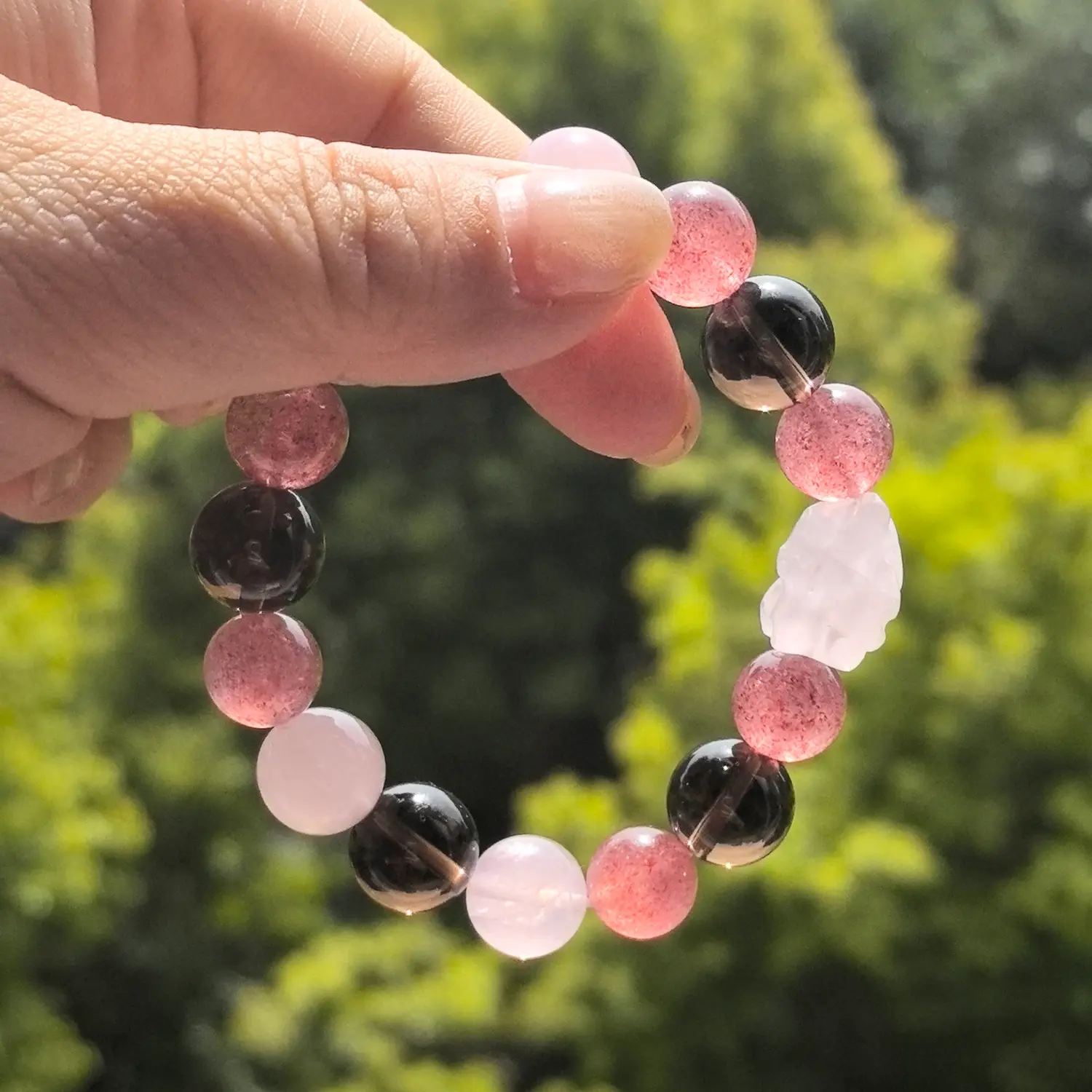 Rose Quartz Strawberry Quartz Smoky Quartz Bracelet styled flat lay with calm ritual details | QZZEN
