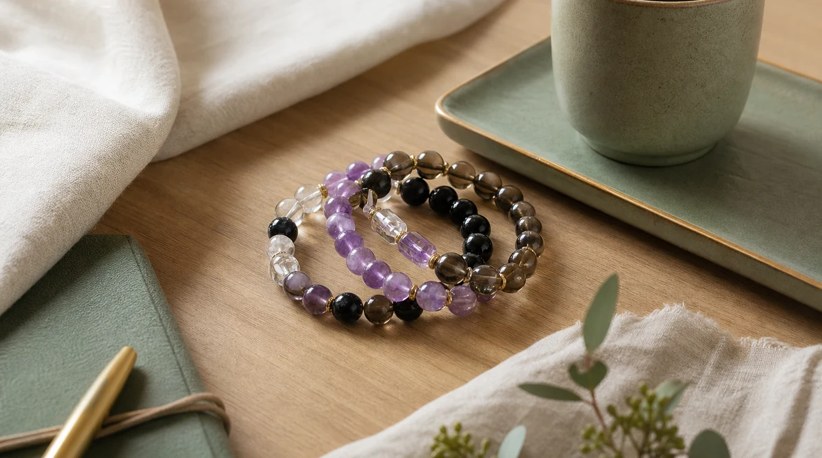 QZZEN editorial image for amethyst meaning for everyday calm with natural crystal bracelet styling