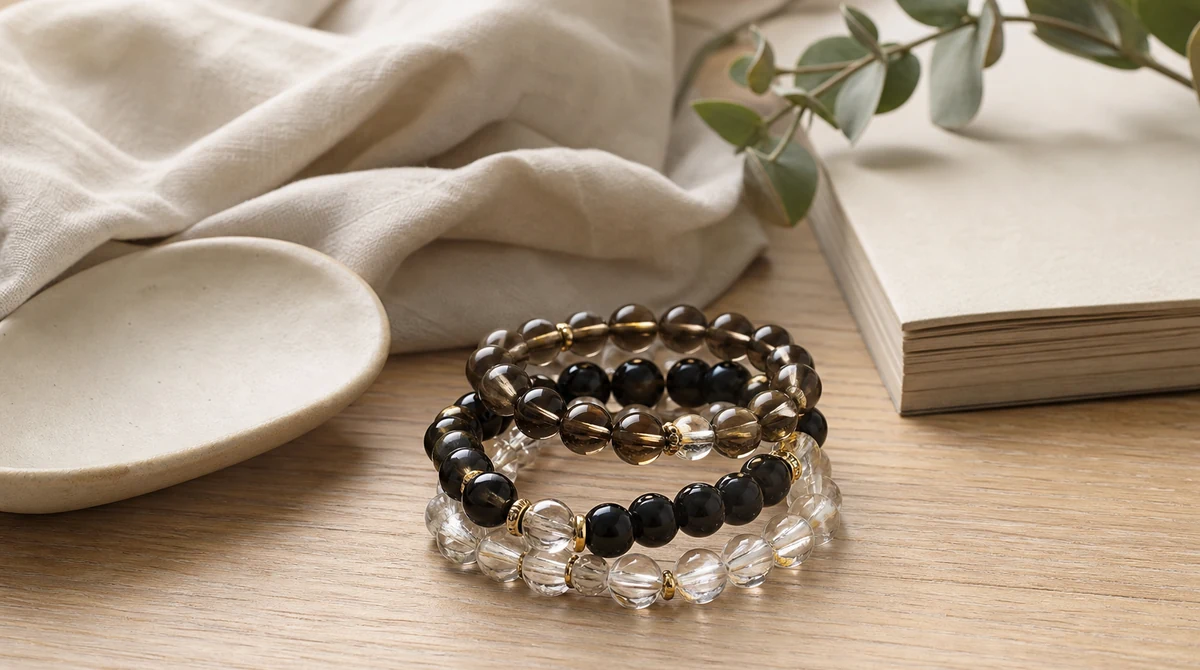 QZZEN editorial image for calming crystal bracelet stacking guide with natural crystal bracelet styling