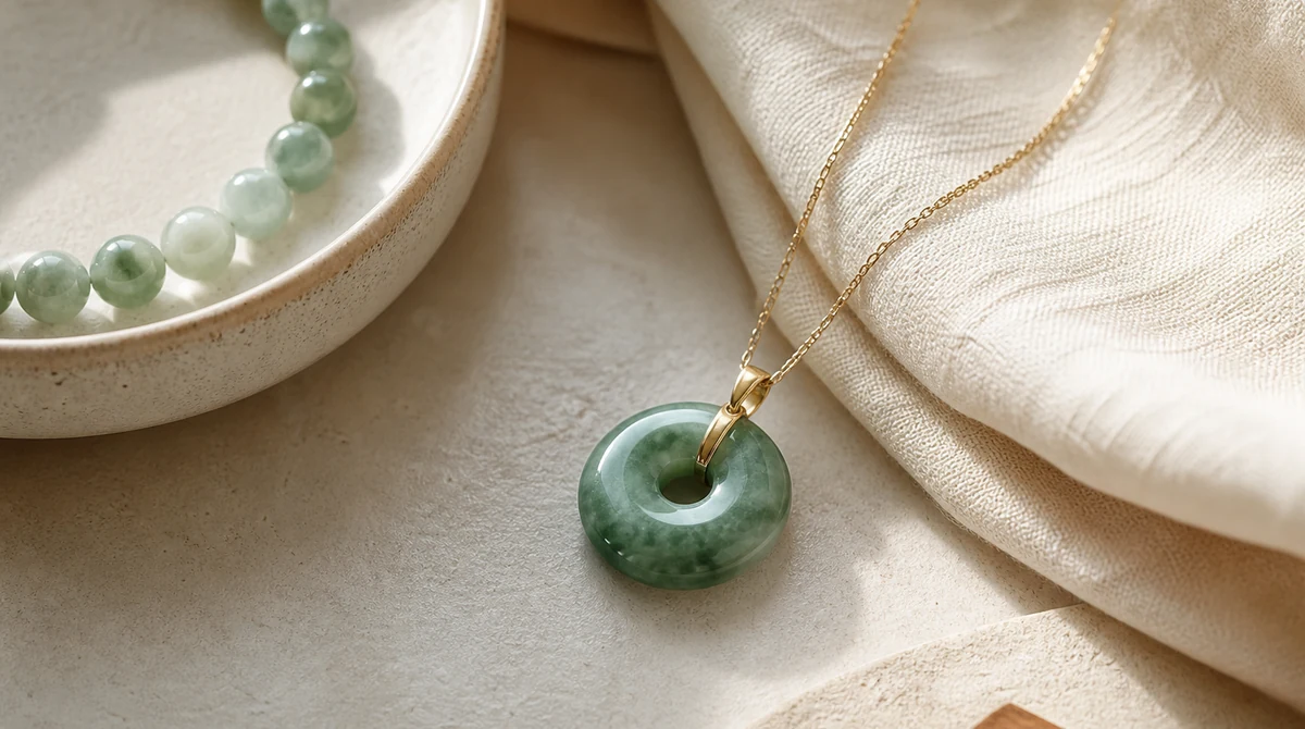 QZZEN editorial image for why wear a jade pendant daily? with natural crystal bracelet styling