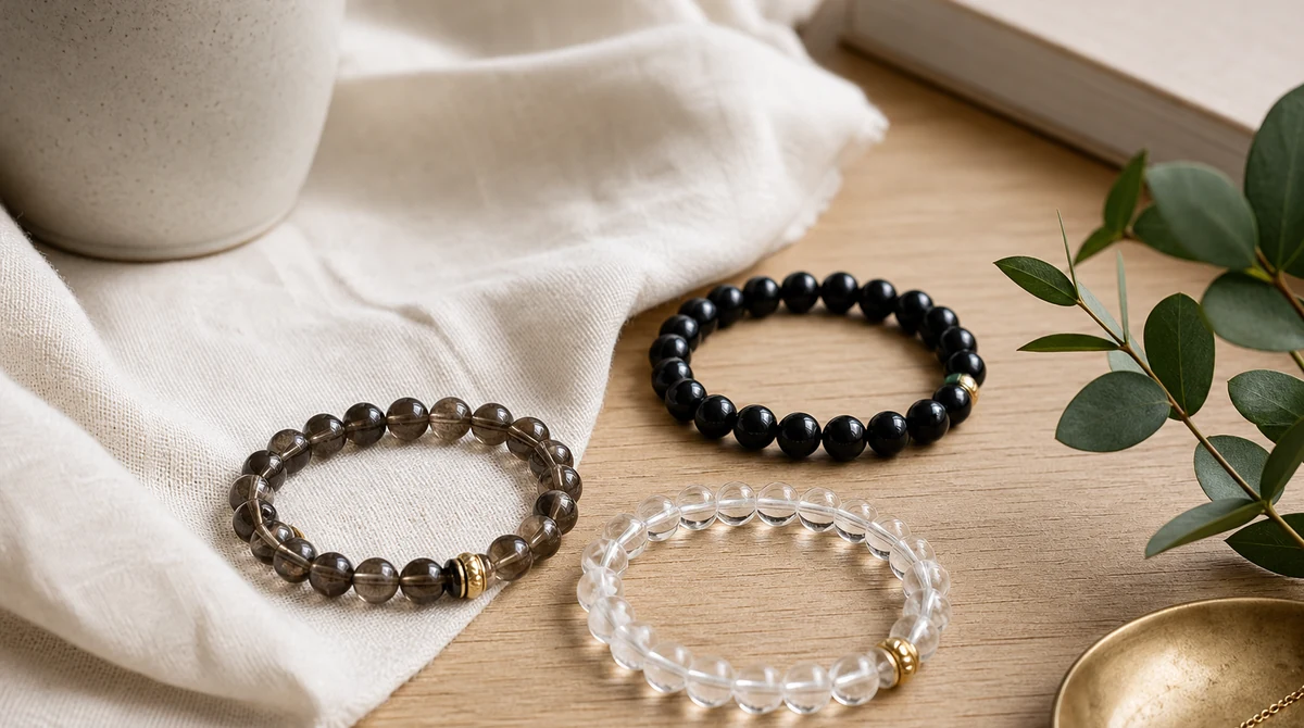 QZZEN editorial image for best crystals for calm love and money with natural crystal bracelet styling