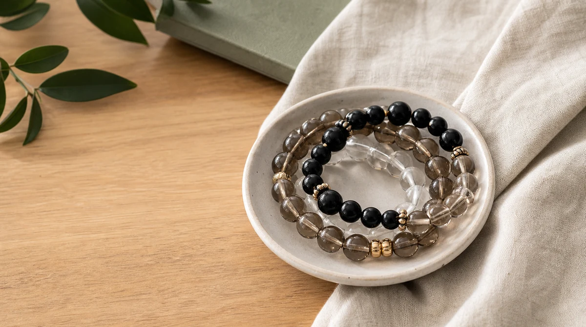 QZZEN editorial image for best crystals for everyday calm with natural crystal bracelet styling