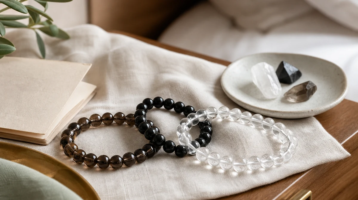QZZEN editorial image for best crystals for a restful nightstand with natural crystal bracelet styling