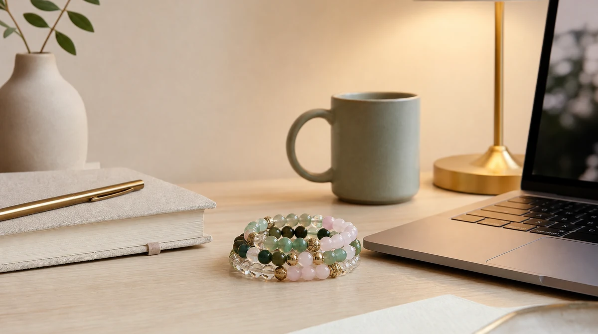 QZZEN editorial image for can crystal rituals refresh your space? with natural crystal bracelet styling