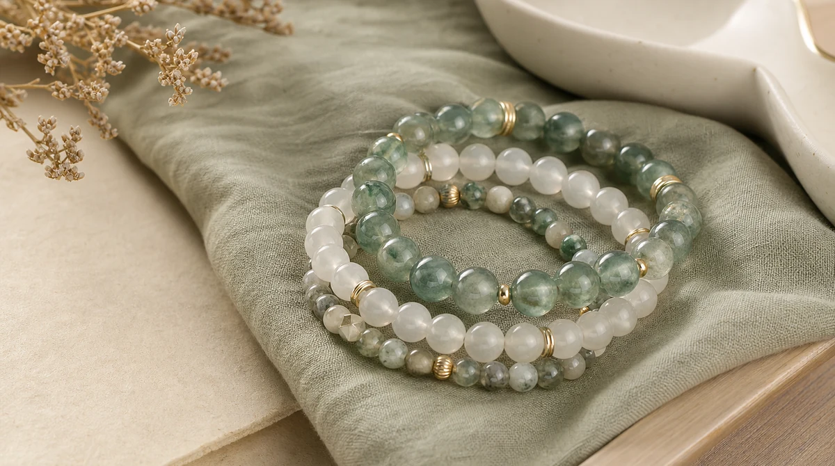 QZZEN editorial image for choosing the perfect crystal for home décor with natural crystal bracelet styling