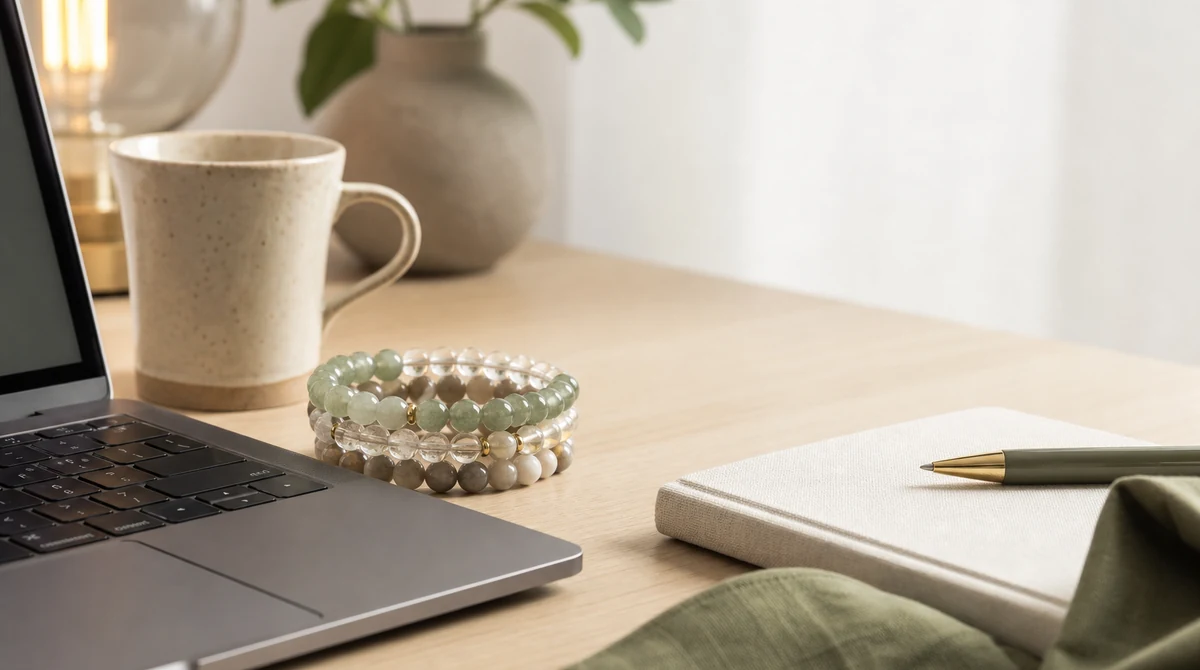 QZZEN editorial image for crystal bracelet digital wellness guide with natural crystal bracelet styling