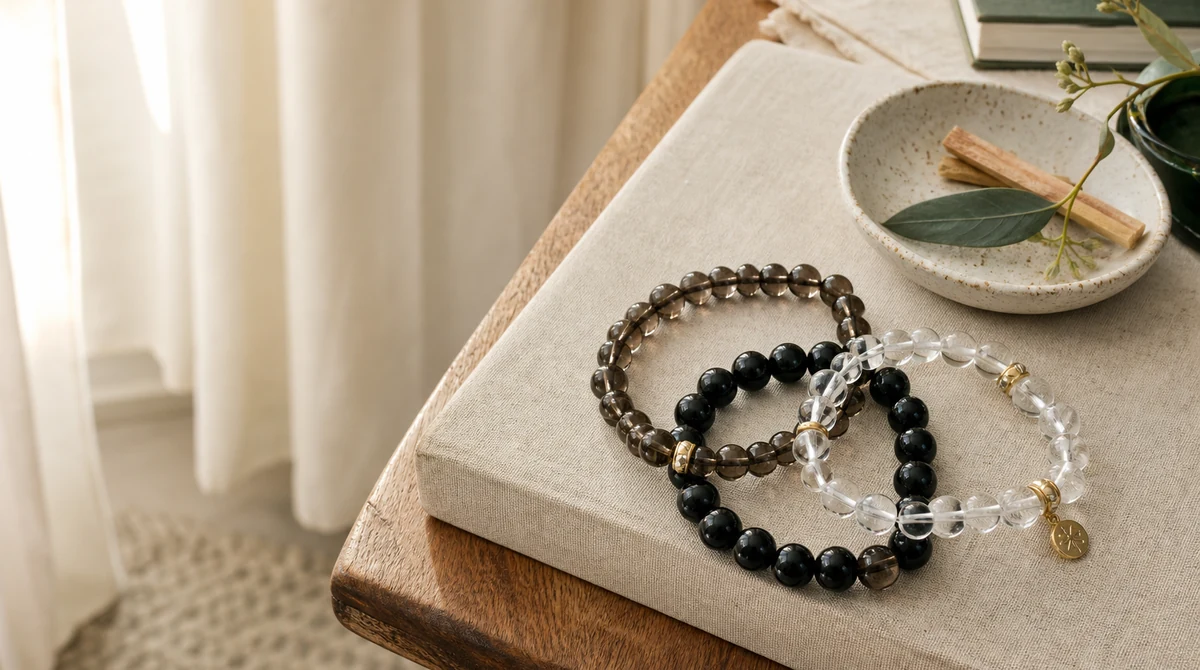 QZZEN editorial image for crystal bracelet stack trend guide with natural crystal bracelet styling