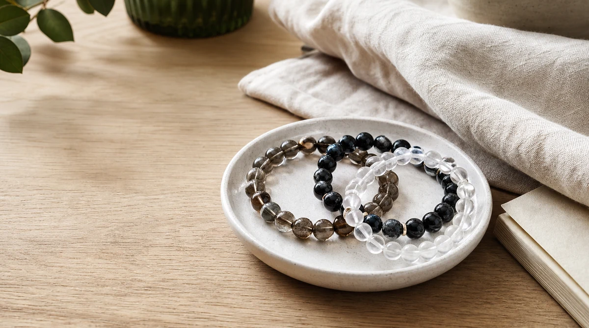 QZZEN editorial image for crystal bracelets for everyday stress with natural crystal bracelet styling