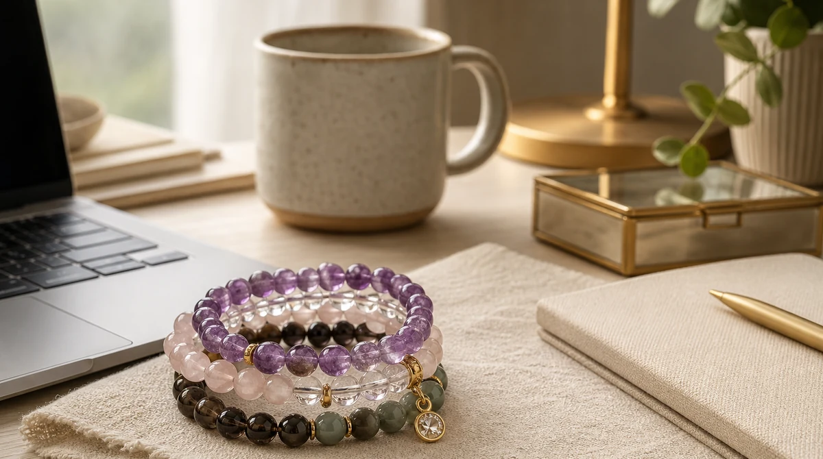 QZZEN editorial image for crystal color meaning bracelet guide with natural crystal bracelet styling
