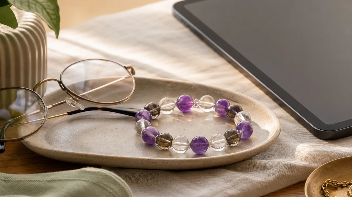 QZZEN editorial image for crystal identification guide: how to spot natural vs. lab‑created gems with natural crystal bracelet styling
