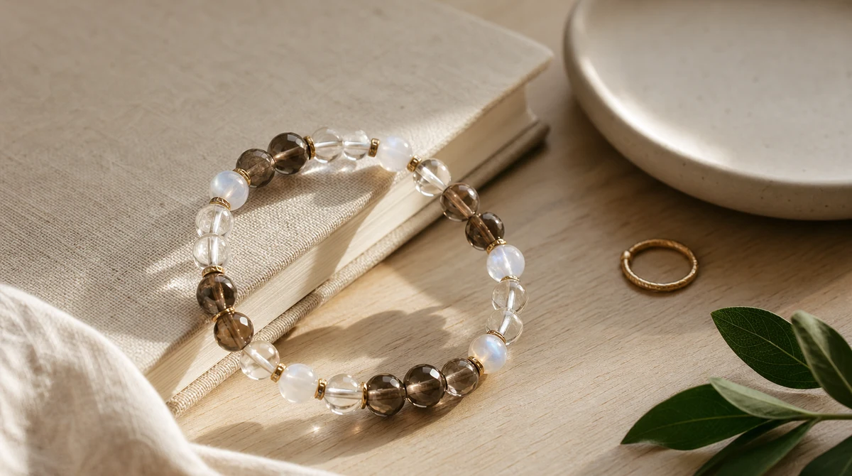 QZZEN editorial image for crystal bracelet color meaning guide with natural crystal bracelet styling