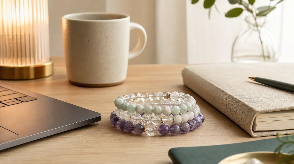 QZZEN editorial image for how crystals add meaning to daily rituals with natural crystal bracelet styling
