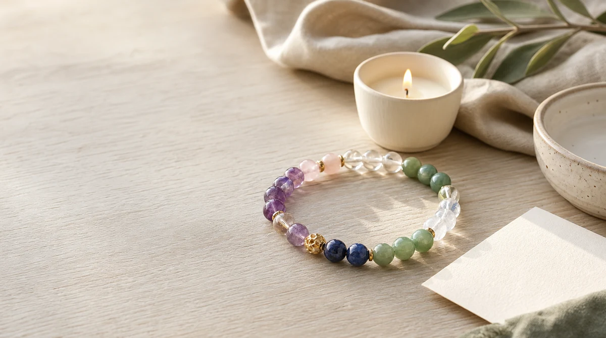 QZZEN editorial image for how many colors do crystals come in? with natural crystal bracelet styling