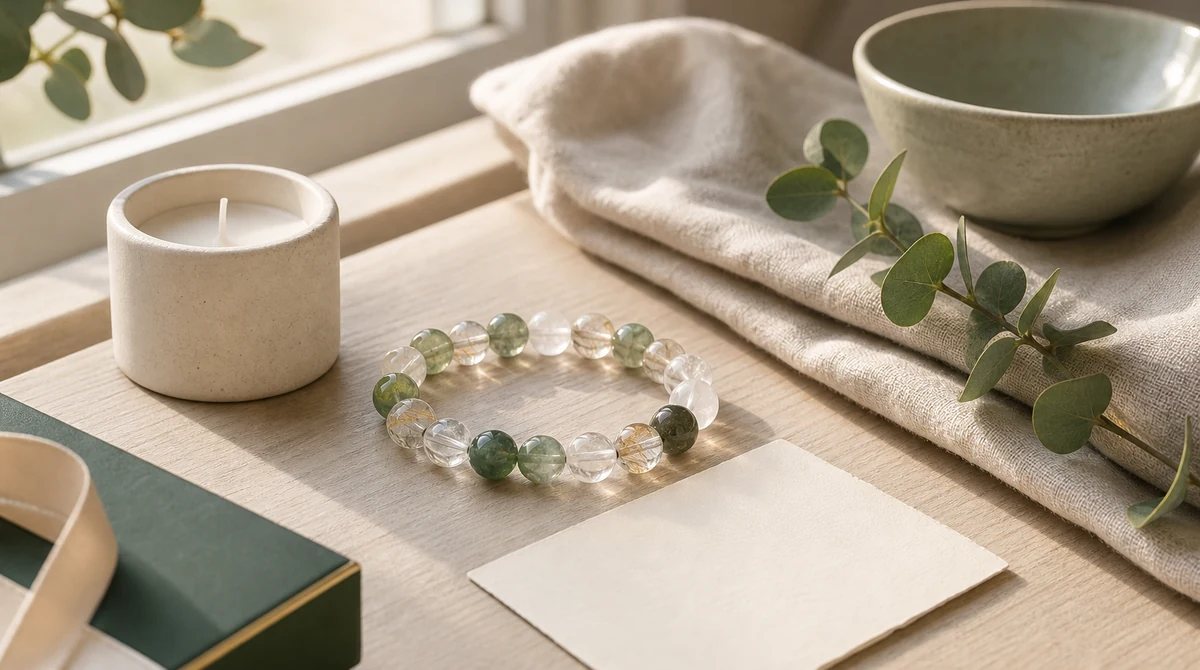 QZZEN editorial image for how to identify real crystals vs lab‑created gems – expert guide with natural crystal bracelet styling