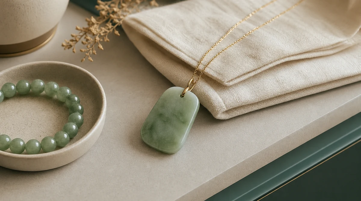 QZZEN editorial image for jade nightstand styling for modern rest with natural crystal bracelet styling