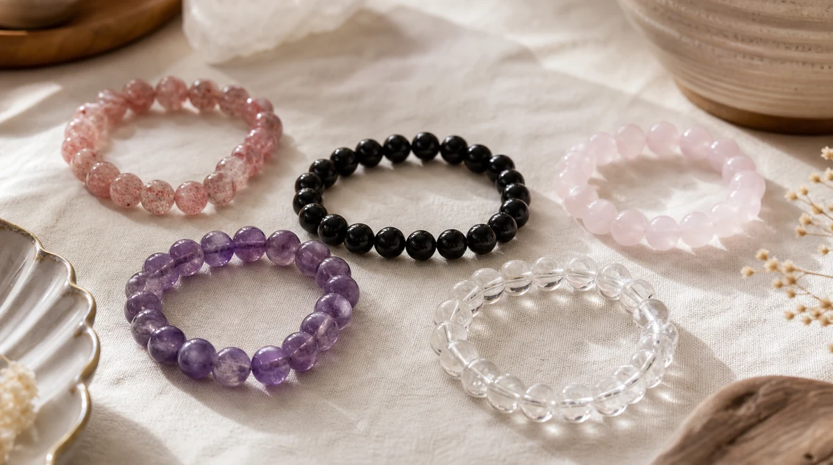 Natural crystal bead bracelets arranged for identification and custom bracelet design