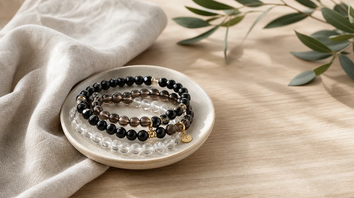 QZZEN editorial image for natural crystal identification for calm jewelry with natural crystal bracelet styling