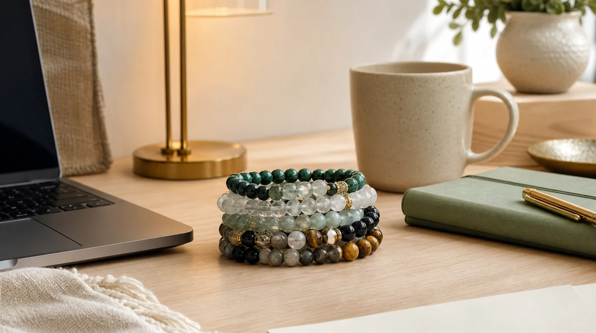 QZZEN editorial image for natural crystal identification for desk rituals with natural crystal bracelet styling