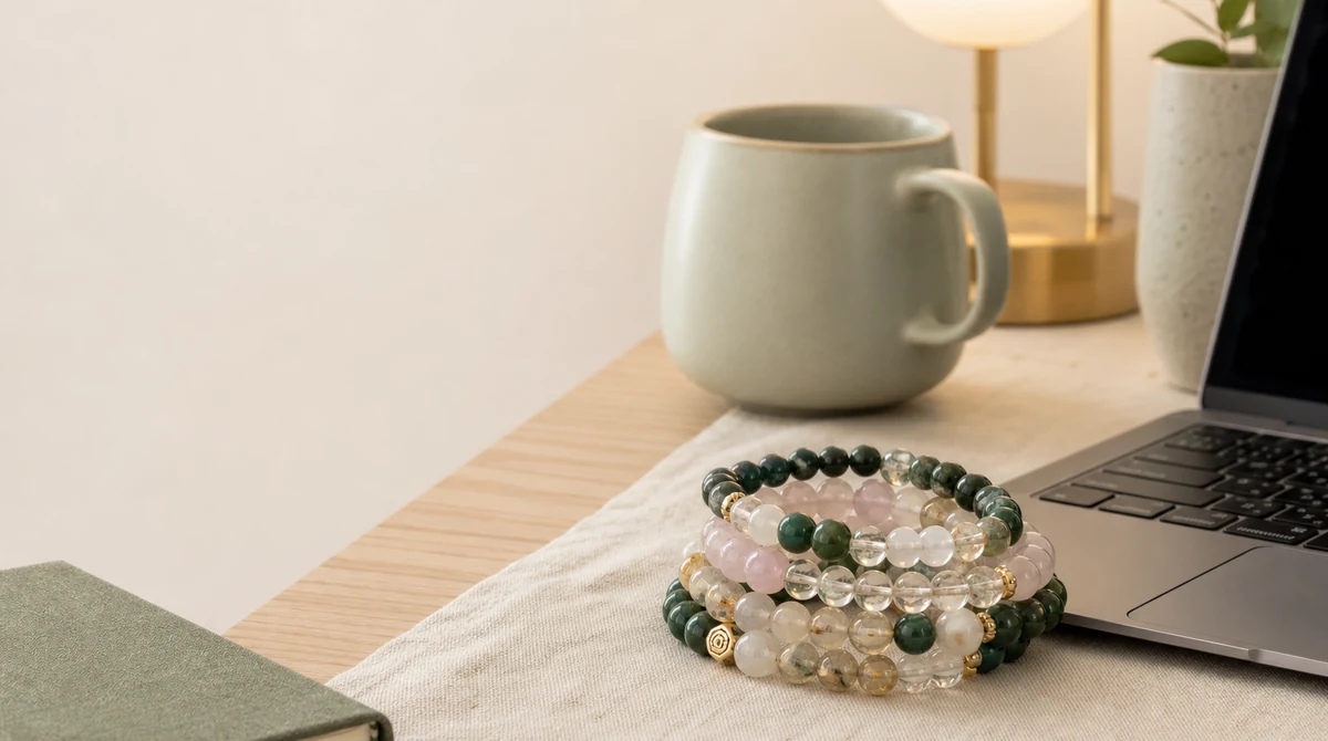 QZZEN editorial image for natural crystal identification for tiktok bracelets with natural crystal bracelet styling