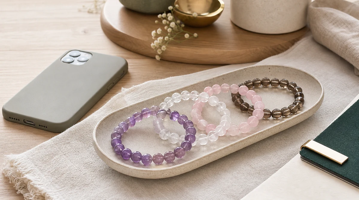 QZZEN natural crystal bracelets with amethyst, clear quartz, rose quartz, and smoky quartz styled for summer stack identification