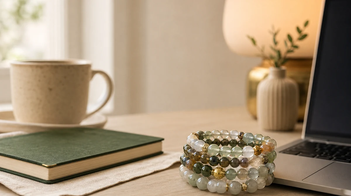 QZZEN editorial image for natural crystal identification for wellness gifts with natural crystal bracelet styling