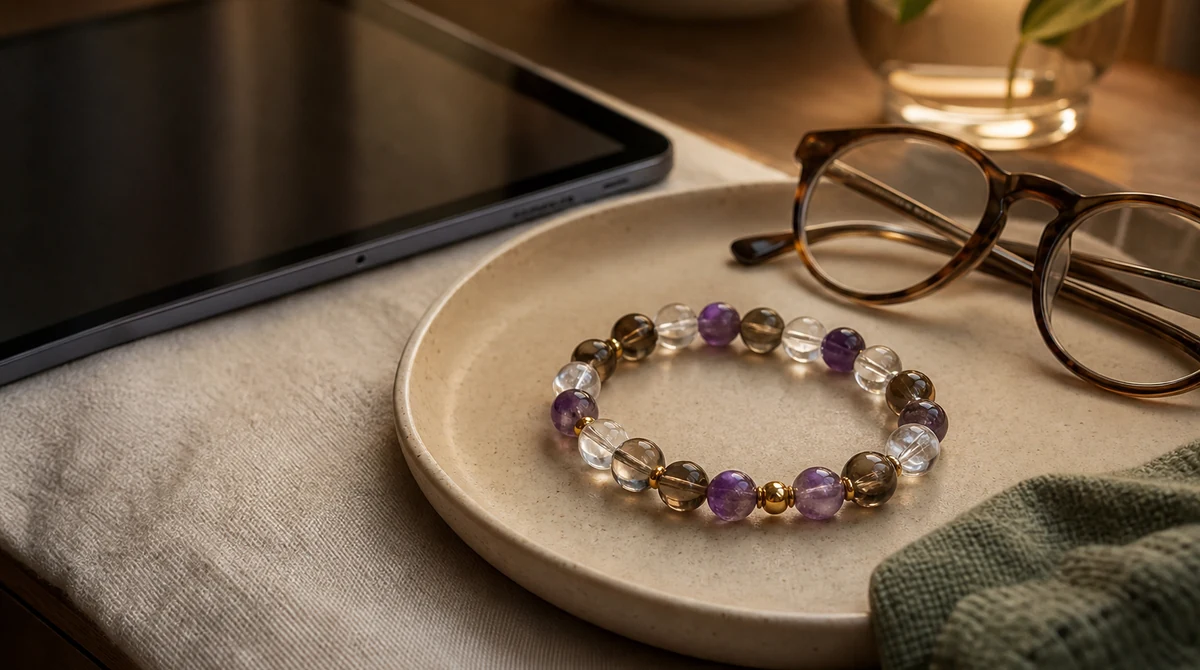 QZZEN editorial image for natural crystal sleep bracelet guide with natural crystal bracelet styling