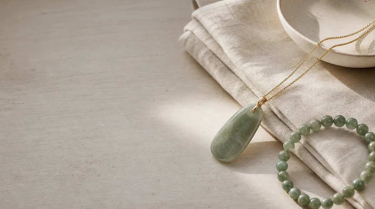 QZZEN editorial image for office styling: subtle jade jewelry with natural crystal bracelet styling