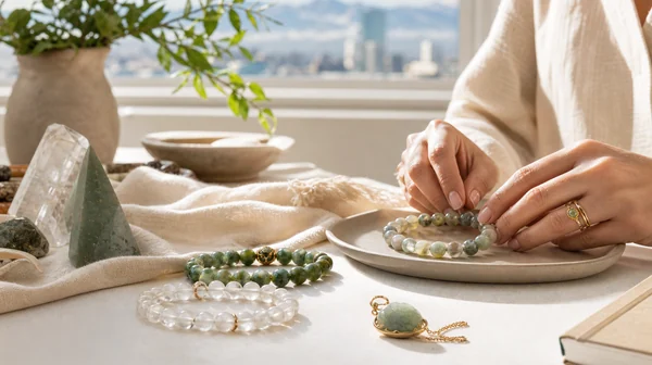 About QZZEN founder desk with crystal and jade bracelets