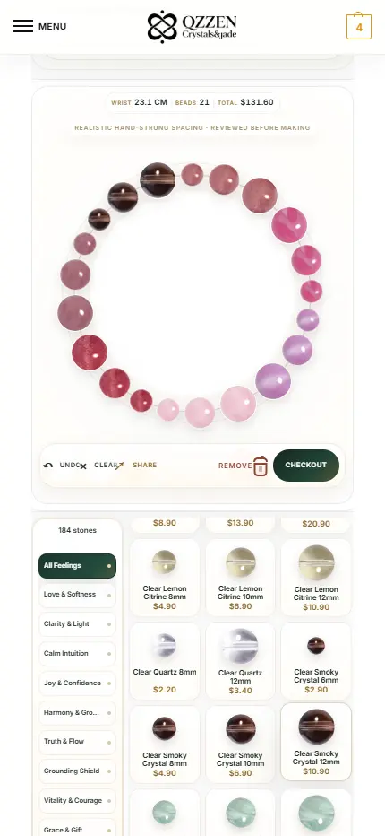 QZZEN Create iPhone bracelet designer showing a full crystal bead ring and bead categories