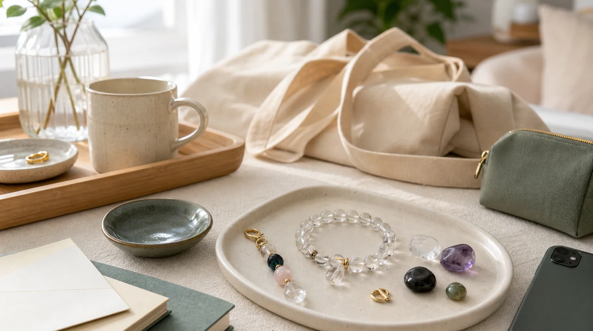 QZZEN natural crystal bracelet charm stack on a calm styling desk with quartz, amethyst, obsidian, pouch, and tote