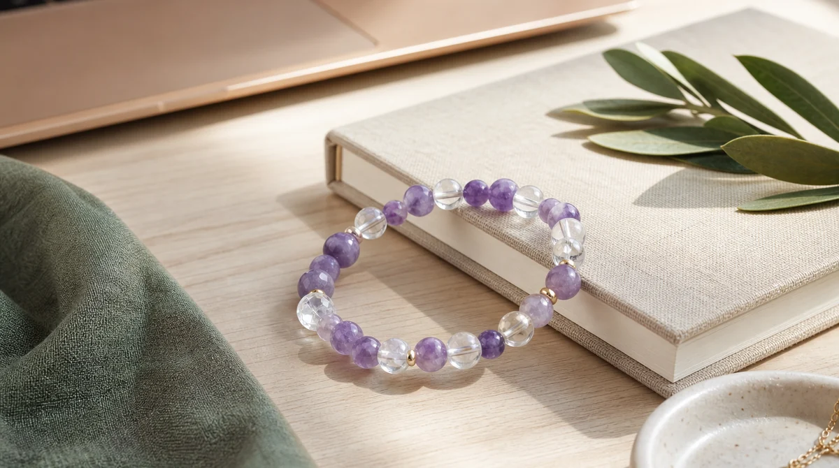 Natural crystal bracelet on a calm desk for identification and QZZEN Create design