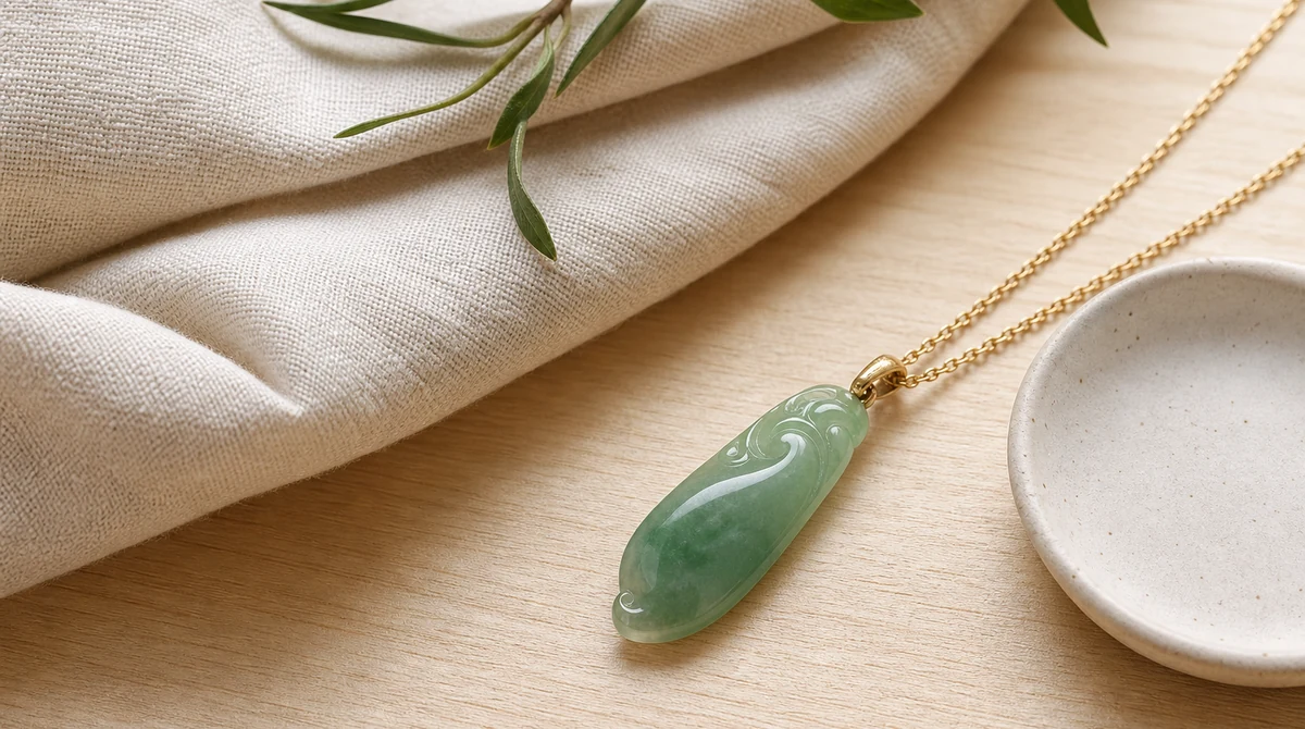 QZZEN editorial image for after-work calm: jade jewelry styling with natural crystal bracelet styling