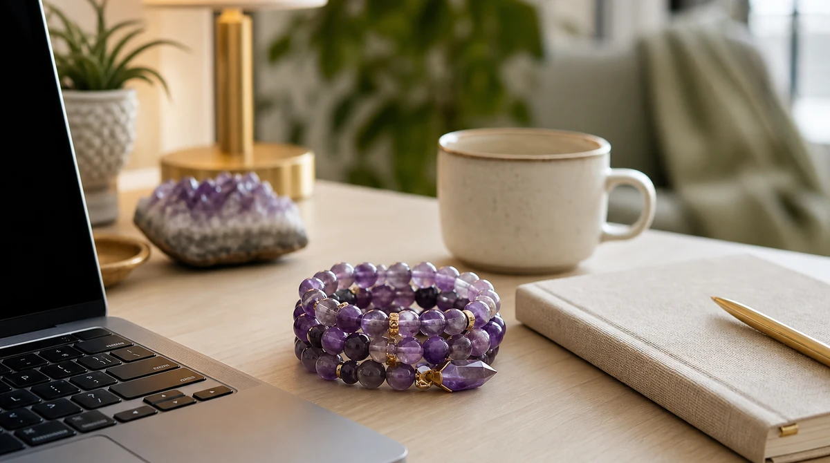 QZZEN editorial image for what amethyst means for daily rituals with natural crystal bracelet styling