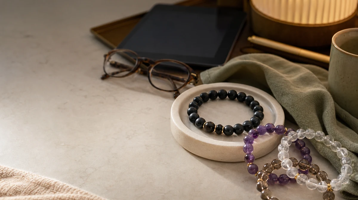 QZZEN editorial image for what black tourmaline means daily with natural crystal bracelet styling