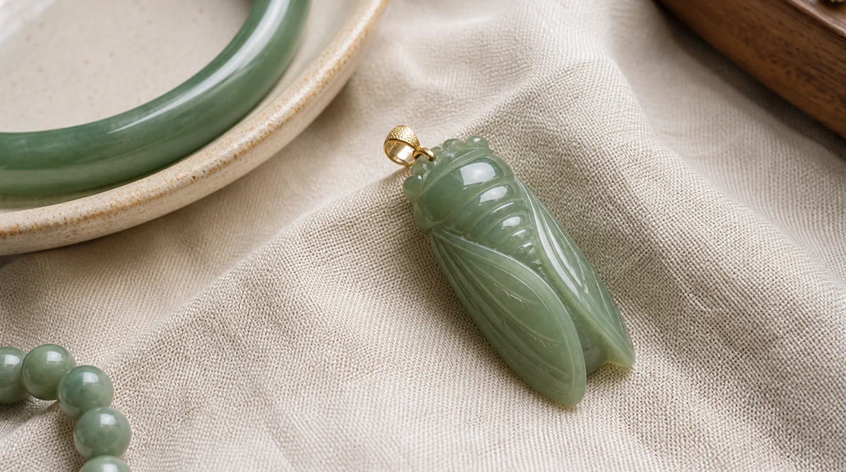 QZZEN editorial image for cicada jade pendant meaning explained with natural crystal bracelet styling