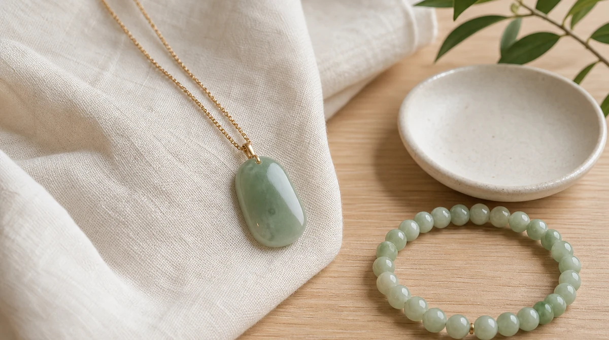 QZZEN editorial image for women’s guide to wearing jade at work with natural crystal bracelet styling