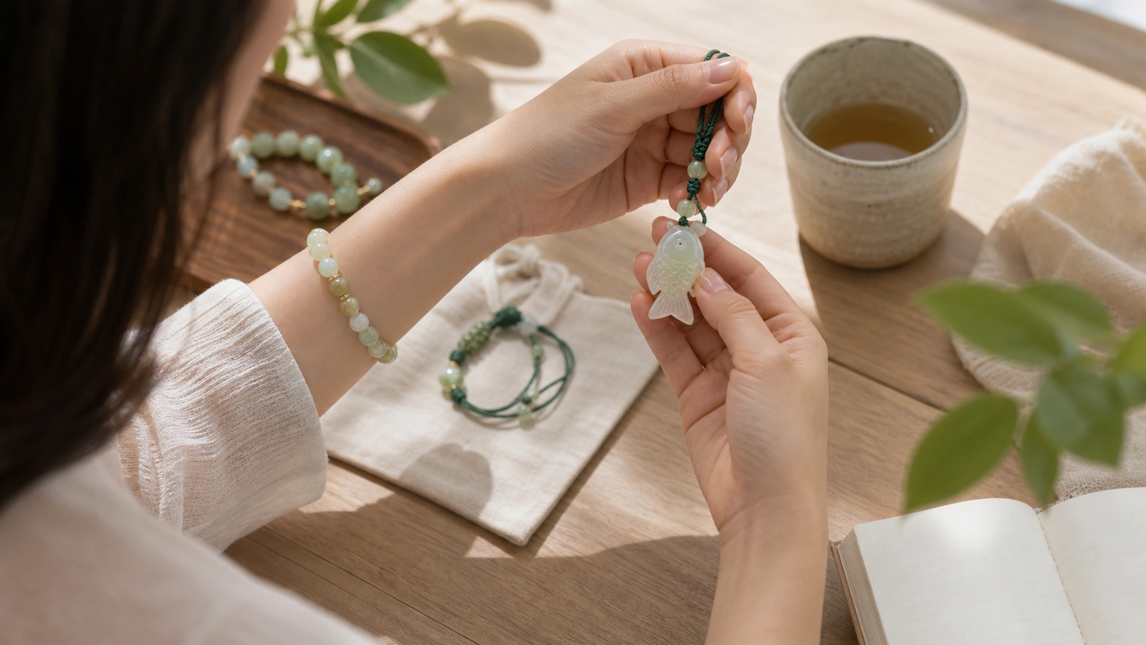 Woman pairing a pale jade pendant with green bracelets