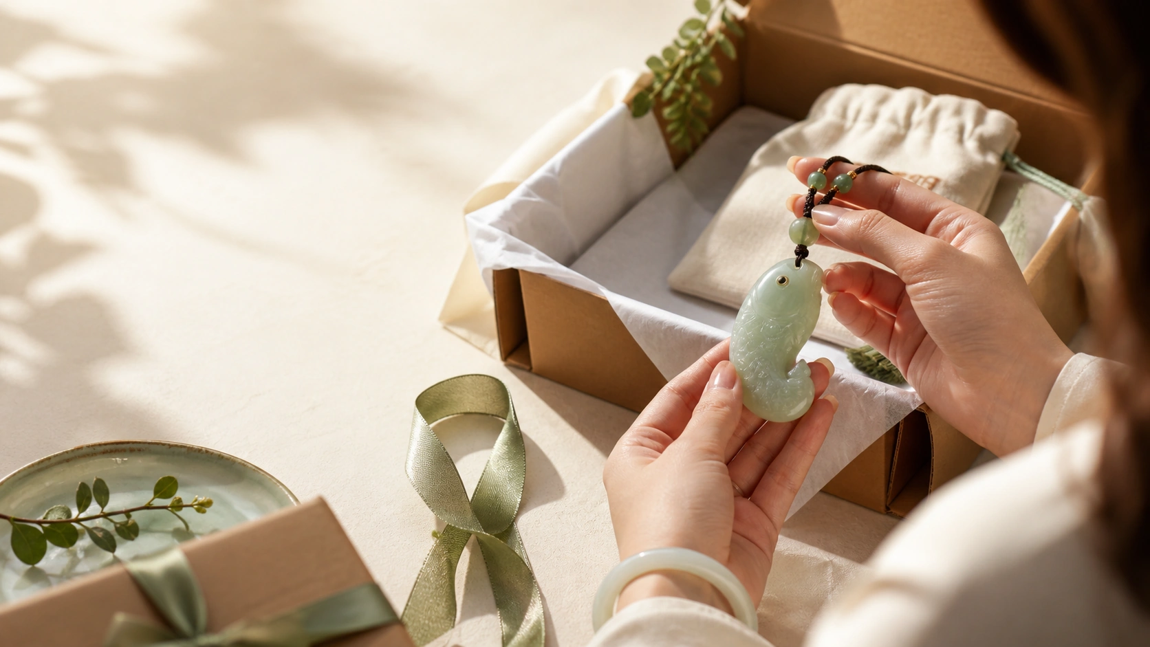 Carved green jade pendant and bracelet lifted from a gift box