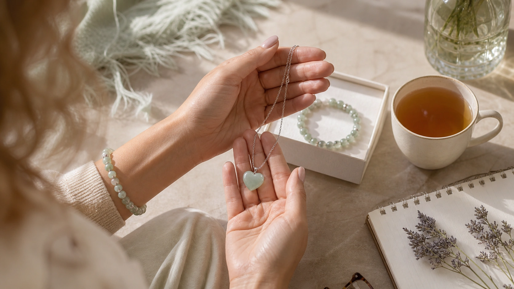 Woman holding a carved pale jade pendant over an open box