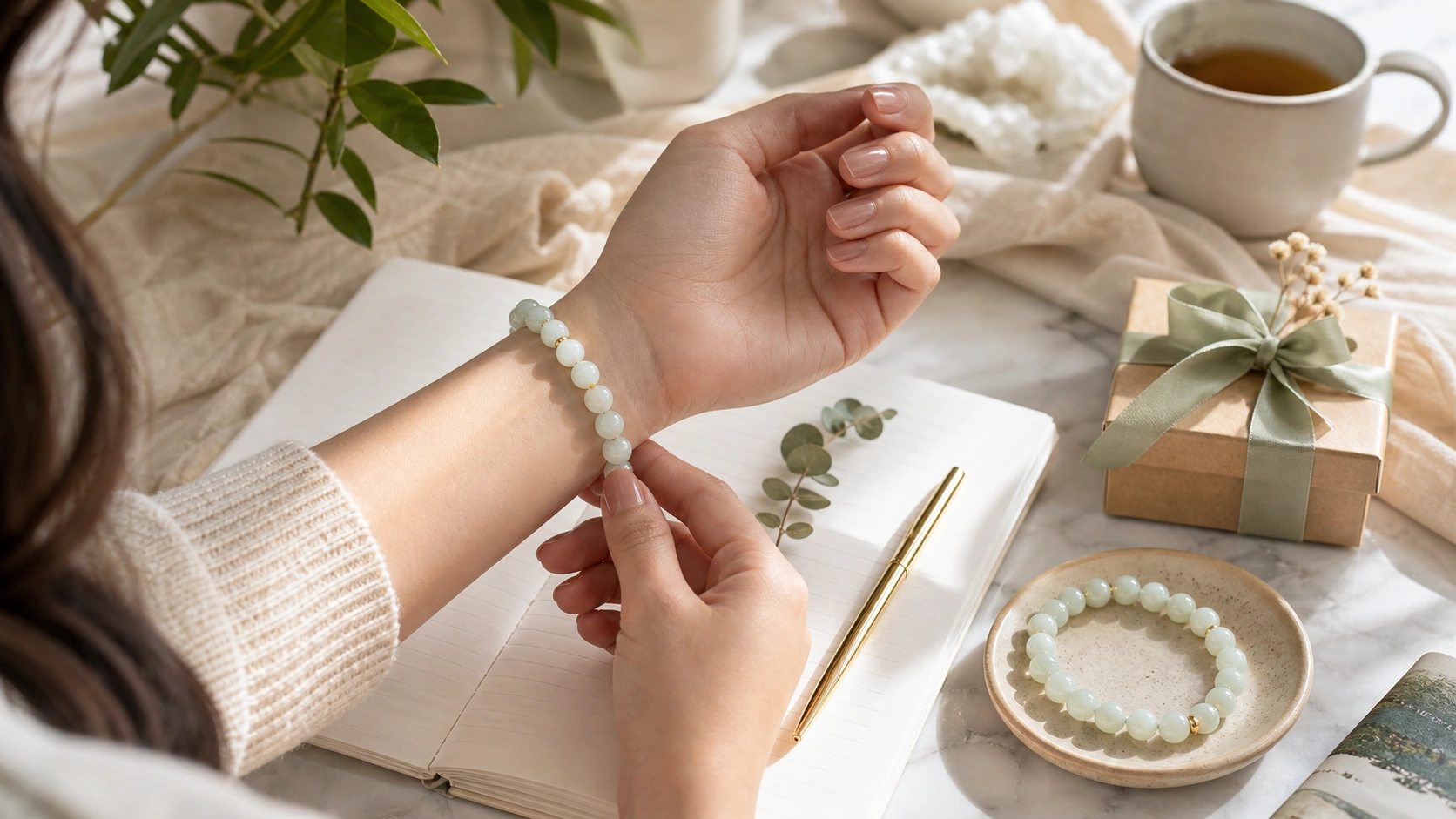 Pale green crystal bracelet adjusted beside gift packaging