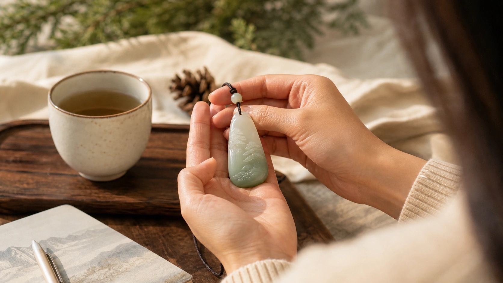 Woman examining a pale green jade pendant beside tea