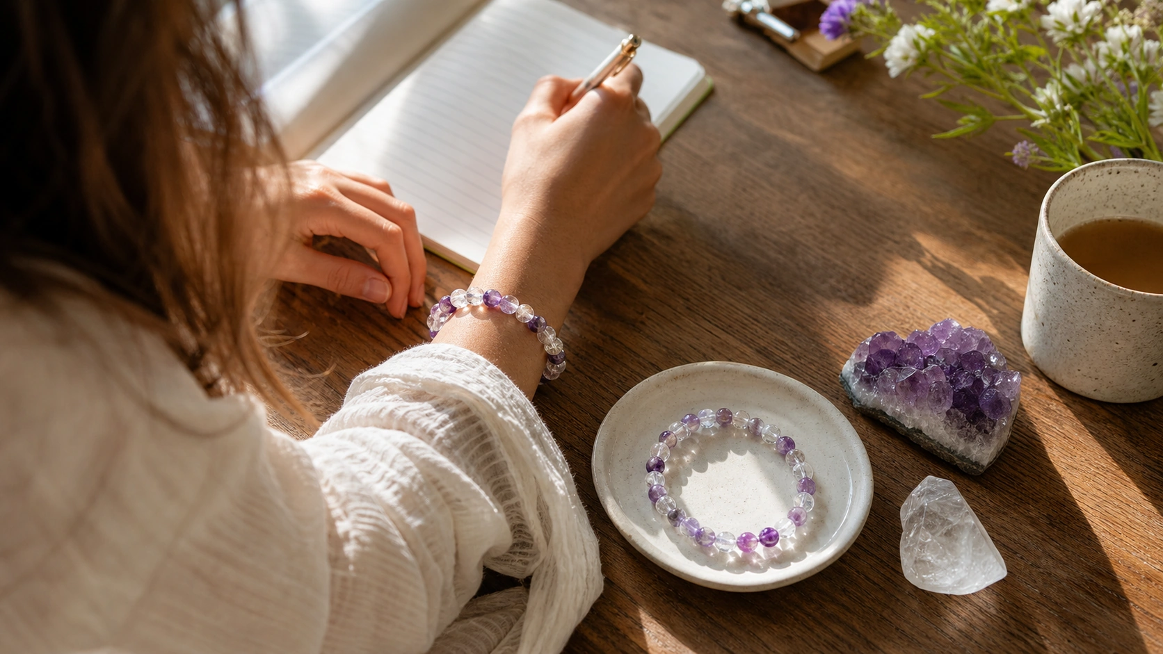 Purple quartz bracelet worn beside a notebook and amethyst