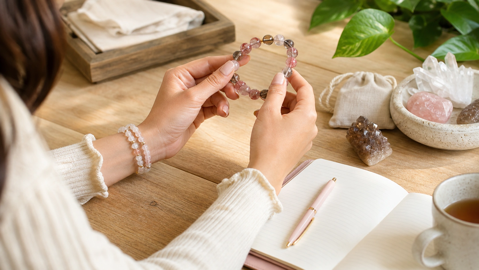 Woman comparing smoky quartz bracelets at a worktable