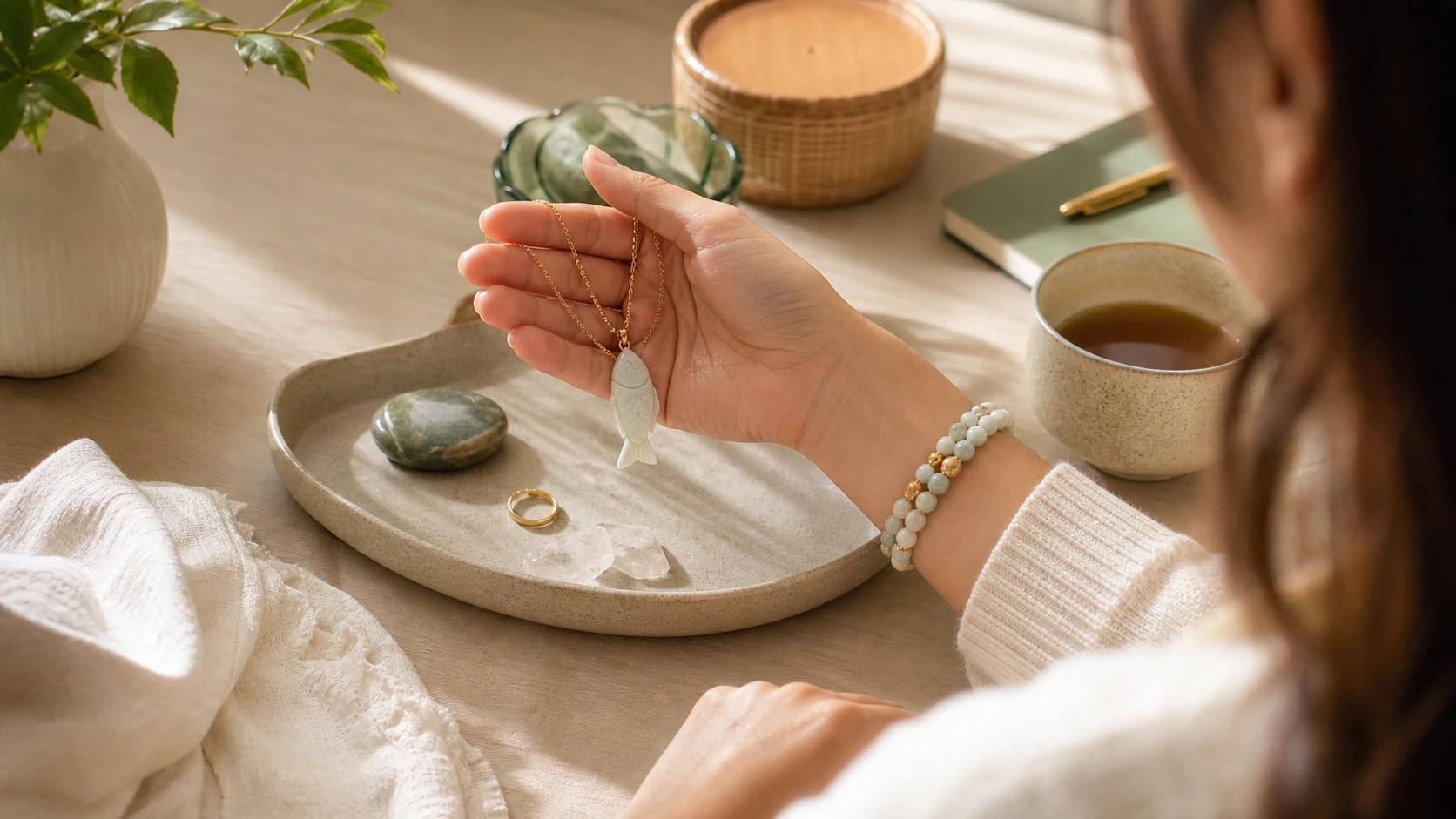 Pale jade fish pendant and beaded bracelet held over a tray