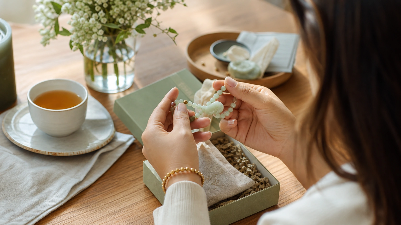 Woman inspecting a carved jade fish pendant over tea