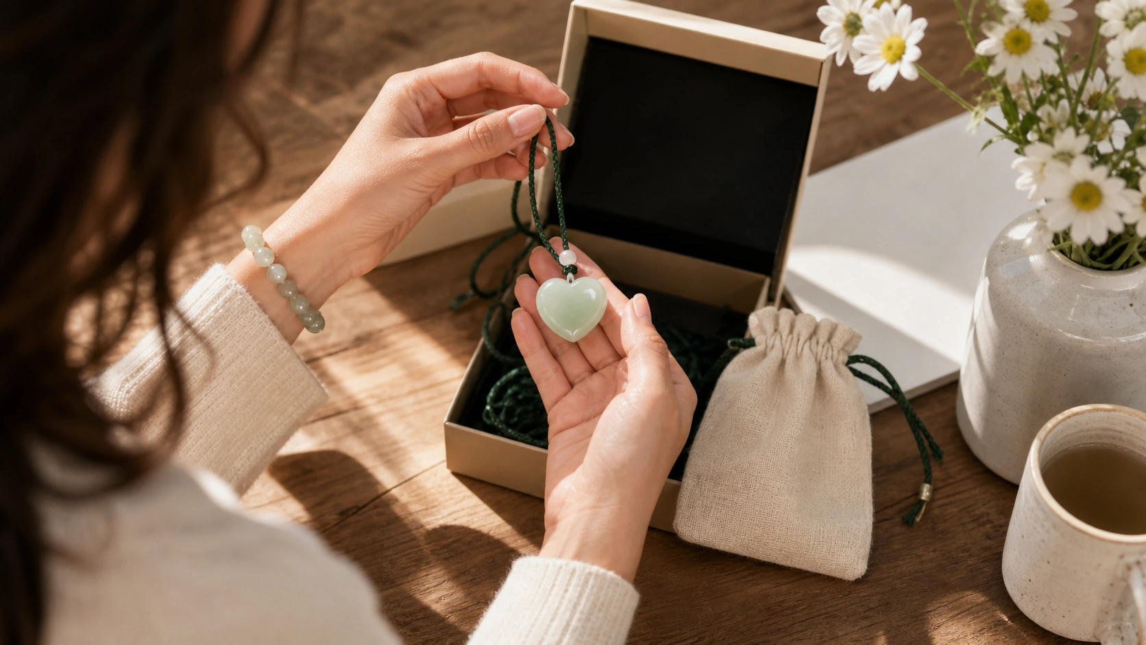 Woman lifting a carved jade heart pendant from its case
