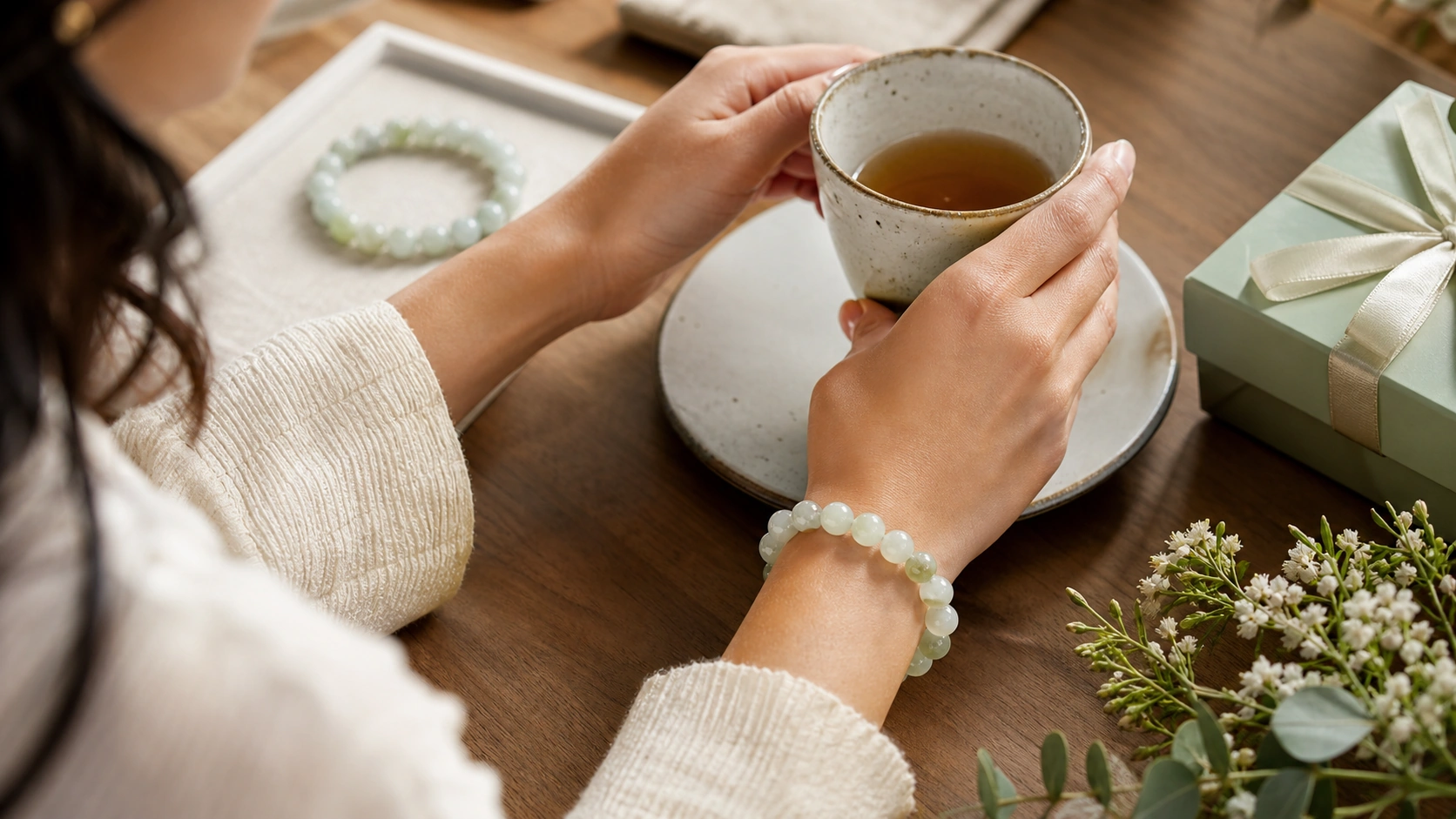 Pale green bracelet worn while holding a ceramic cup