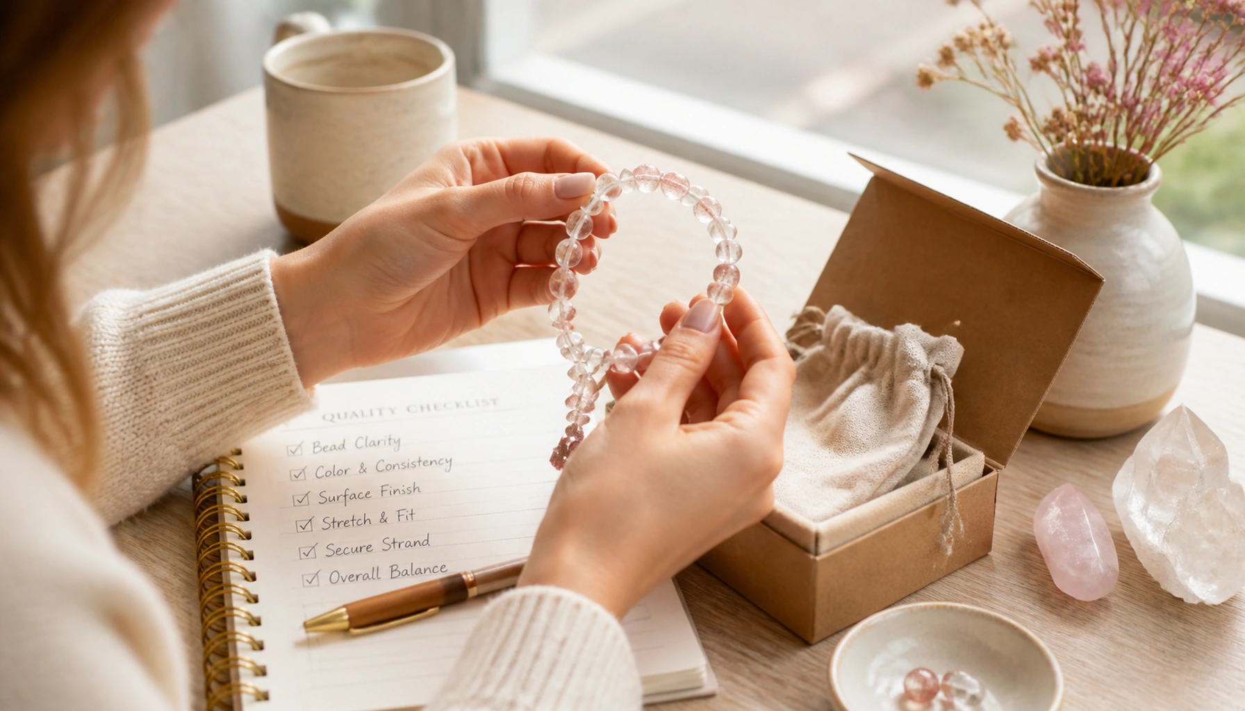 Woman holding a clear quartz bracelet over an open gift box